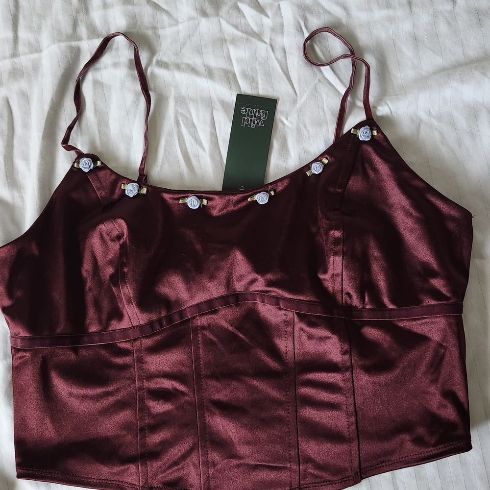 Wild Fable Burgundy Satin Crop Top with Crystal Buttons